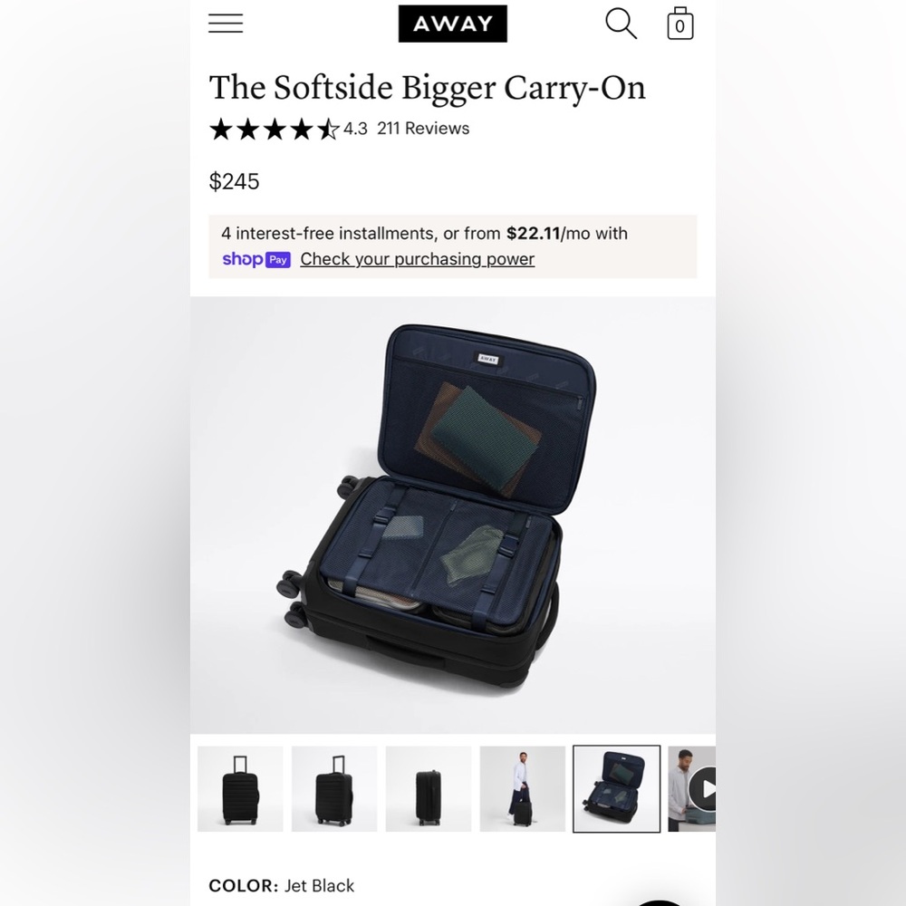 Away Jet Black Softside Carry-On Luggage - Picture 3 of 16